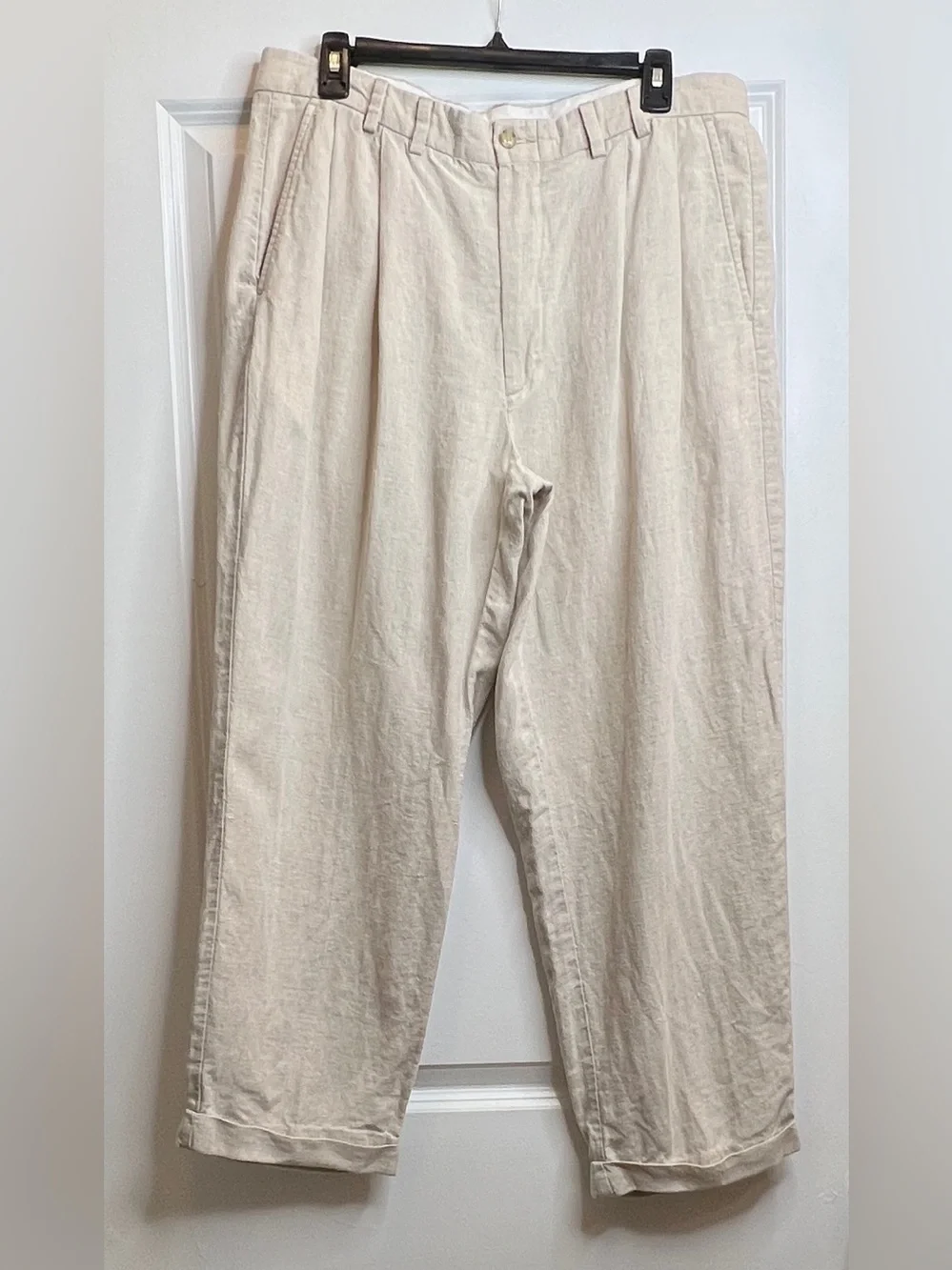 Turnbury Mens Natural Tan 100% Linen Pleated Cuffed Pants Trousers 36x30